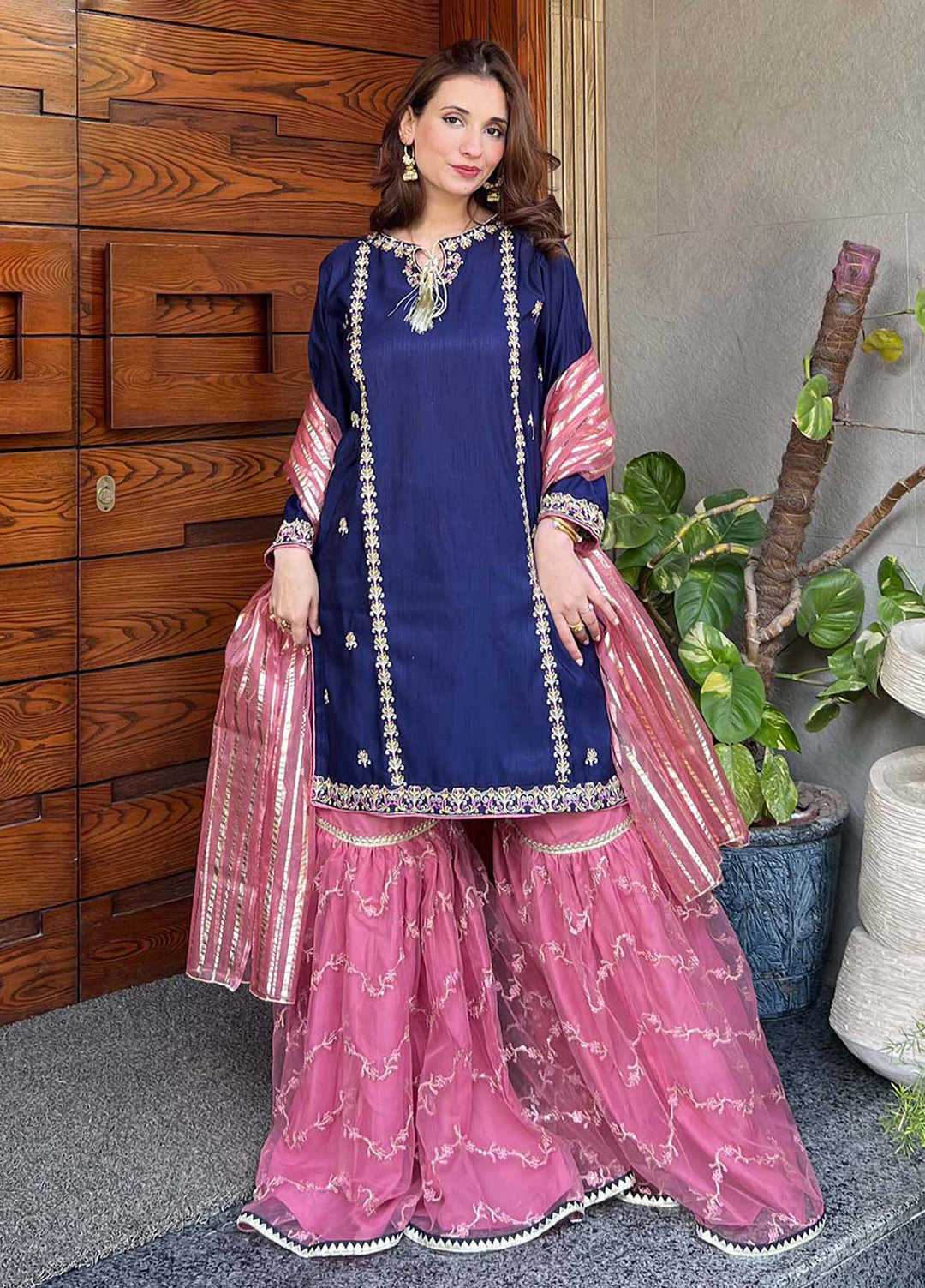 Modest Women Pret Embroidered Raw Silk 3 Piece Gharara Gulnoor - Festive Collection