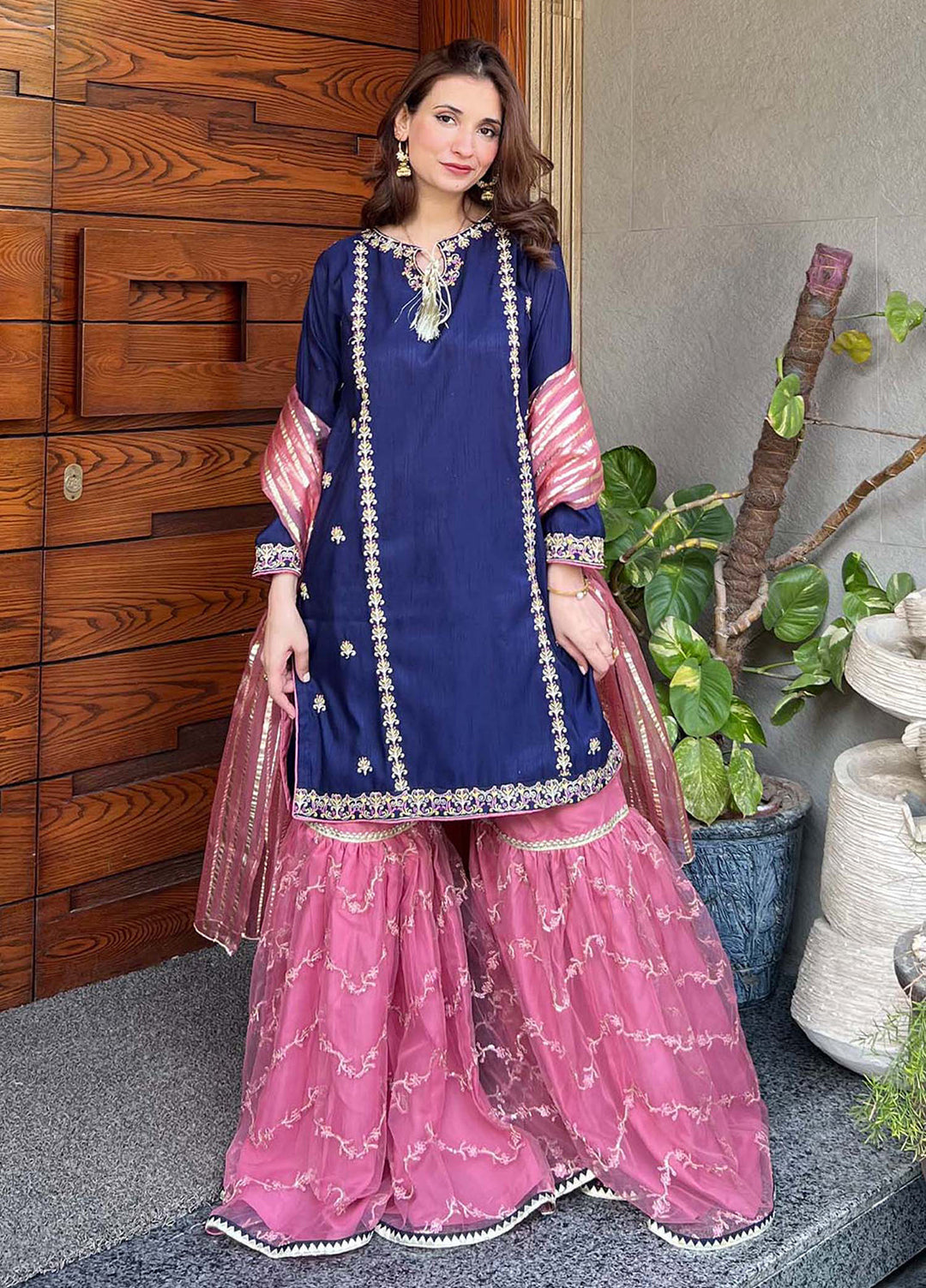 Modest Women Pret Embroidered Raw Silk 3 Piece Gharara Gulnoor - Festive Collection