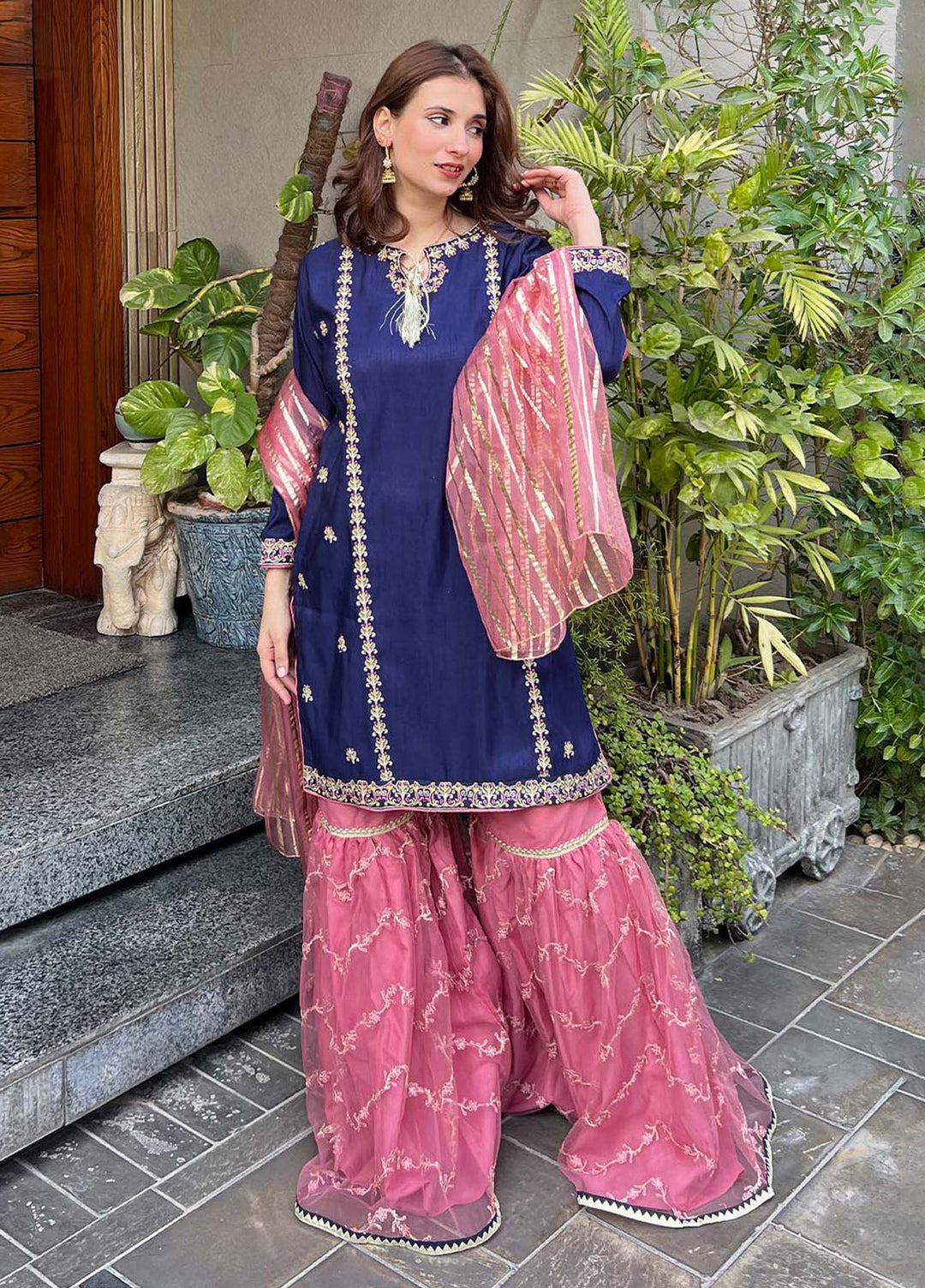 Modest Women Pret Embroidered Raw Silk 3 Piece Gharara Gulnoor - Festive Collection