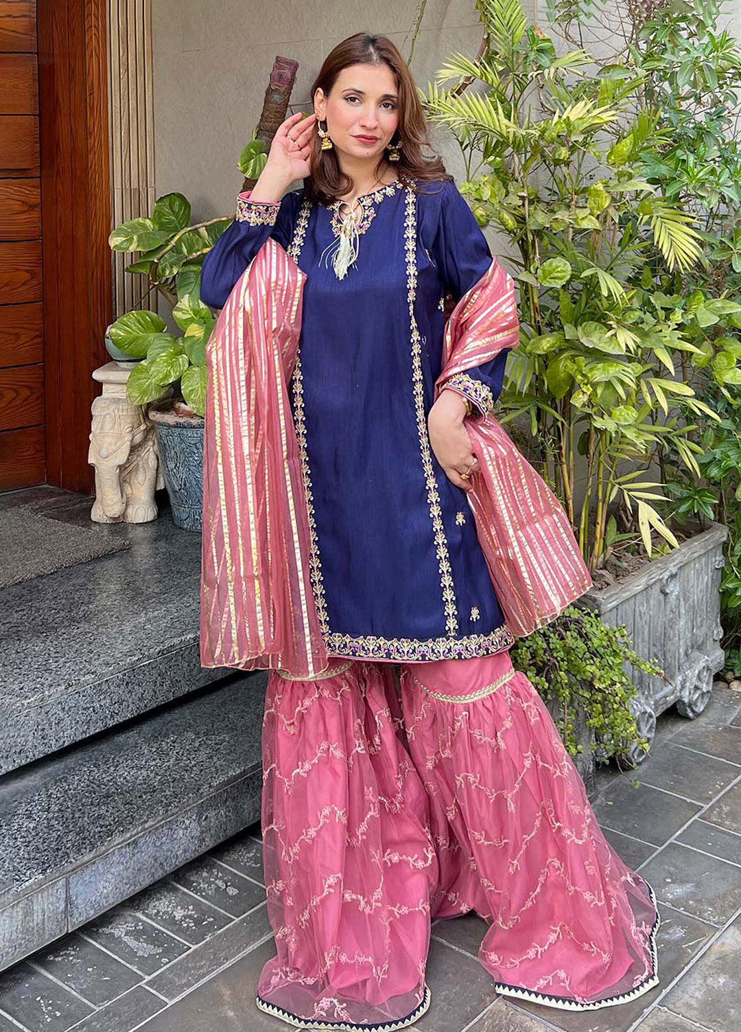 Modest Women Pret Embroidered Raw Silk 3 Piece Gharara Gulnoor - Festive Collection