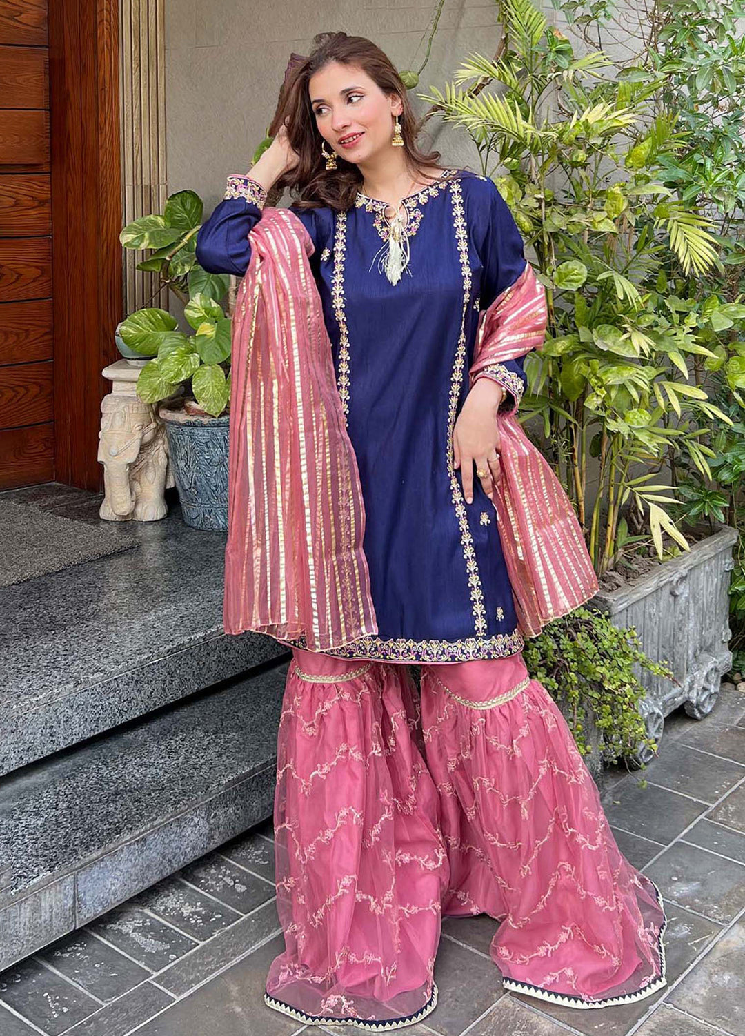 Modest Women Pret Embroidered Raw Silk 3 Piece Gharara Gulnoor - Festive Collection