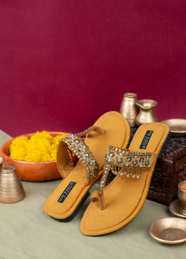 On Your Feets Women Hand work Footwear Mustard Zarish Gold - Kolhapuri Collection