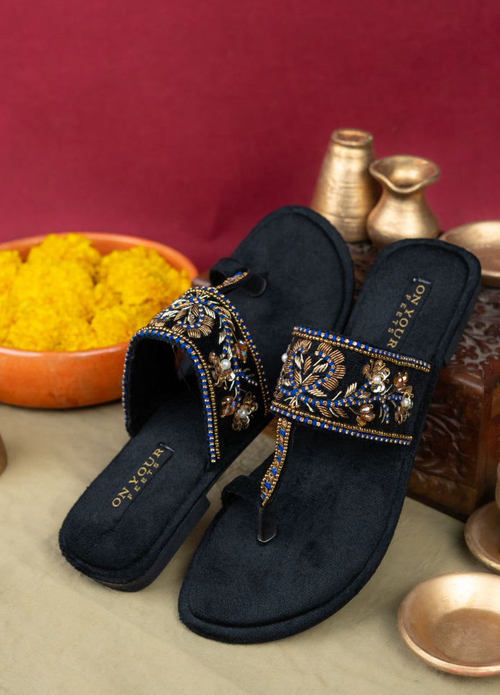 On Your Feets Women Hand work Footwear Black Royal Neelam - Kolhapuri Collection