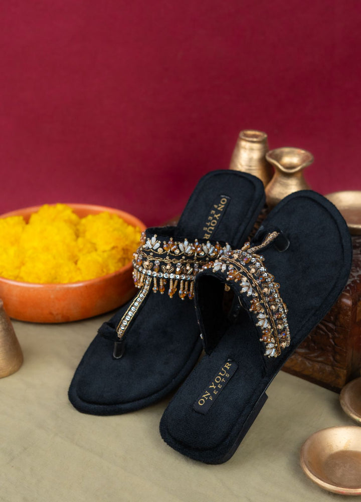 On Your Feets Women Hand work Footwear Black Royal Neelam - Kolhapuri Collection