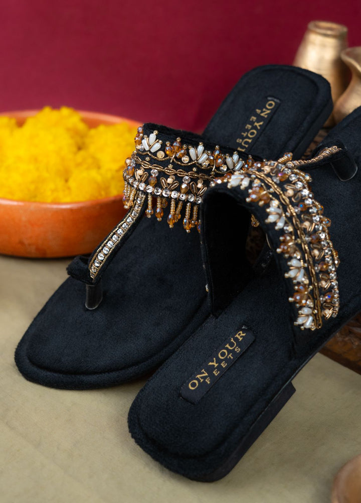 On Your Feets Women Hand work Footwear Black Royal Neelam - Kolhapuri Collection