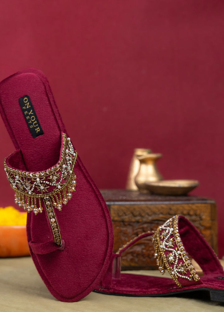 On Your Feets Women Hand work Footwear Maroon Gulnaar - Kolhapuri Collection