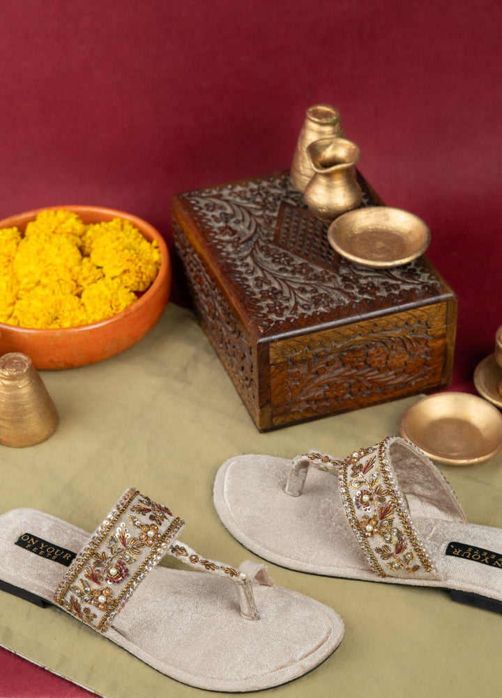 On Your Feets Women Hand work Footwear Off White Zar-e-Ivory Royale - Kolhapuri Collection
