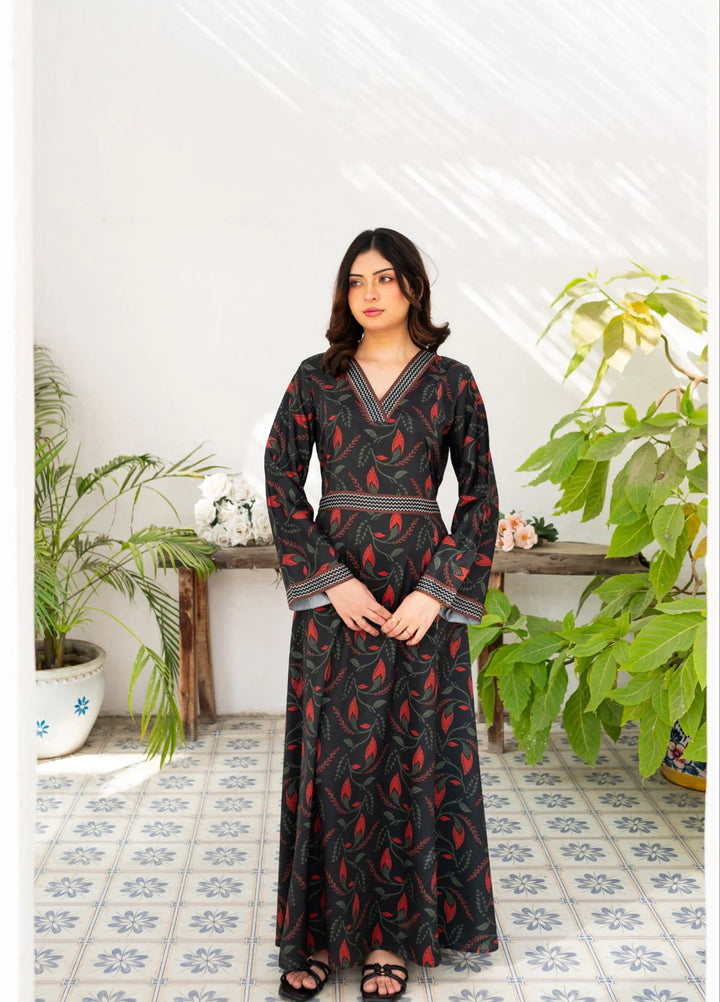 Zauk Women RTW Printed Wrinkle Free Crepe Maxi Suit ZK26RC Charcoal Black Printed Long Dress ZAU-CBPLD - Casual Collection