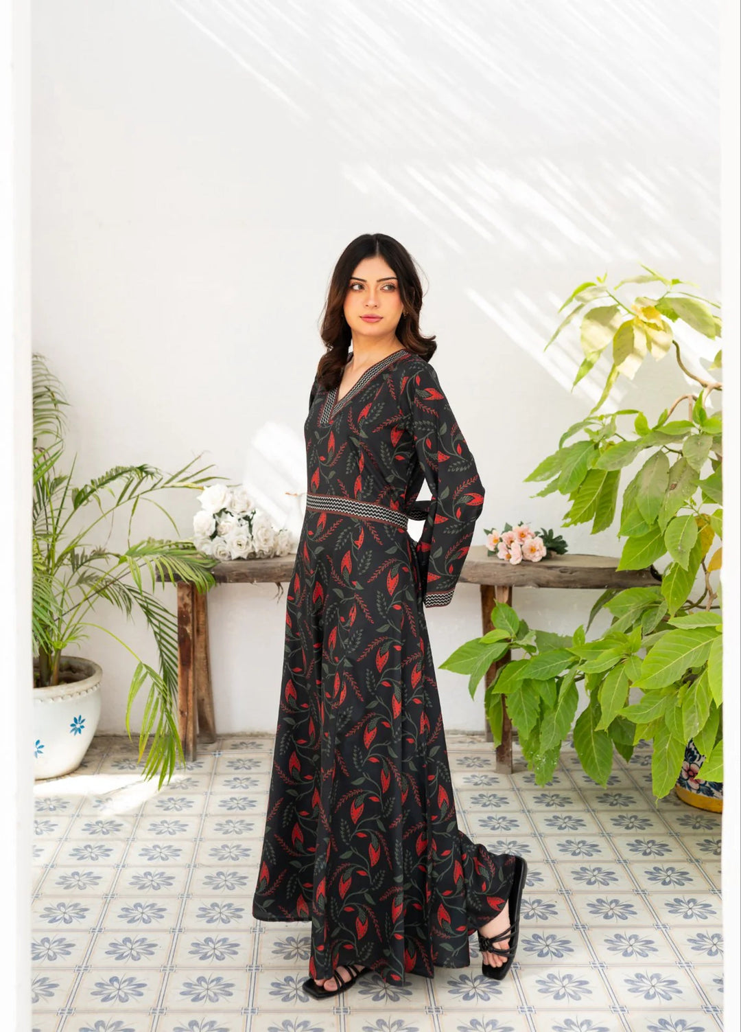 Zauk Women RTW Printed Wrinkle Free Crepe Maxi Suit ZK26RC Charcoal Black Printed Long Dress ZAU-CBPLD - Casual Collection