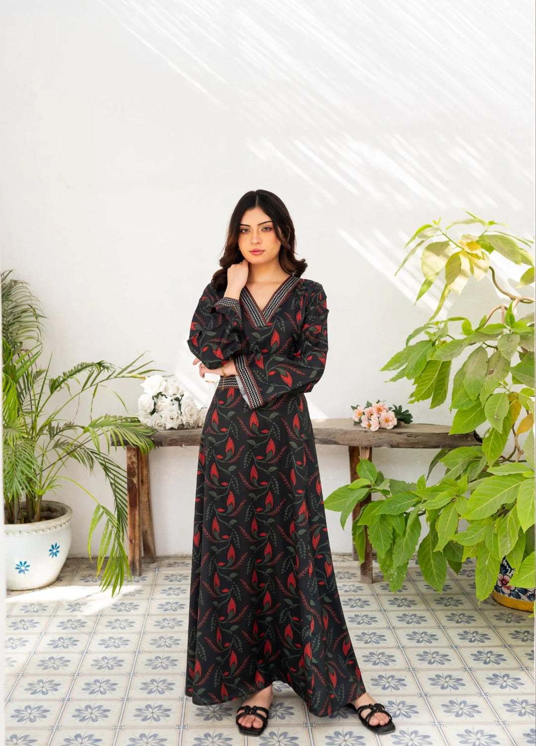 Zauk Women RTW Printed Wrinkle Free Crepe Maxi Suit ZK26RC Charcoal Black Printed Long Dress ZAU-CBPLD - Casual Collection