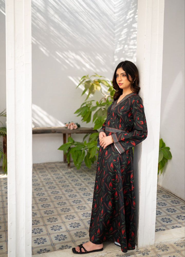 Fusion by Zauk Women RTW Printed Charcoal Black Printed Long Dress 1 Piece - Casual Collection