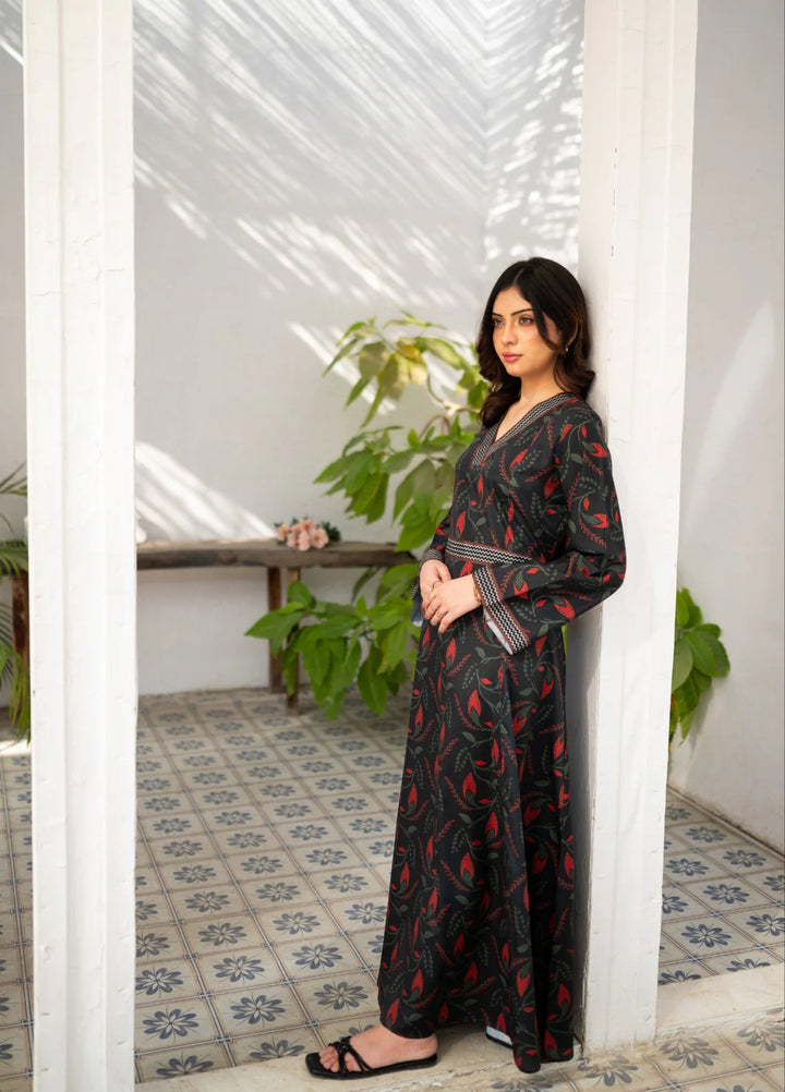 Zauk Women RTW Printed Wrinkle Free Crepe Maxi Suit ZK26RC Charcoal Black Printed Long Dress ZAU-CBPLD - Casual Collection