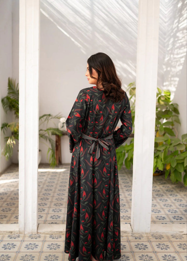 Zauk Women RTW Printed Wrinkle Free Crepe Maxi Suit ZK26RC Charcoal Black Printed Long Dress ZAU-CBPLD - Casual Collection