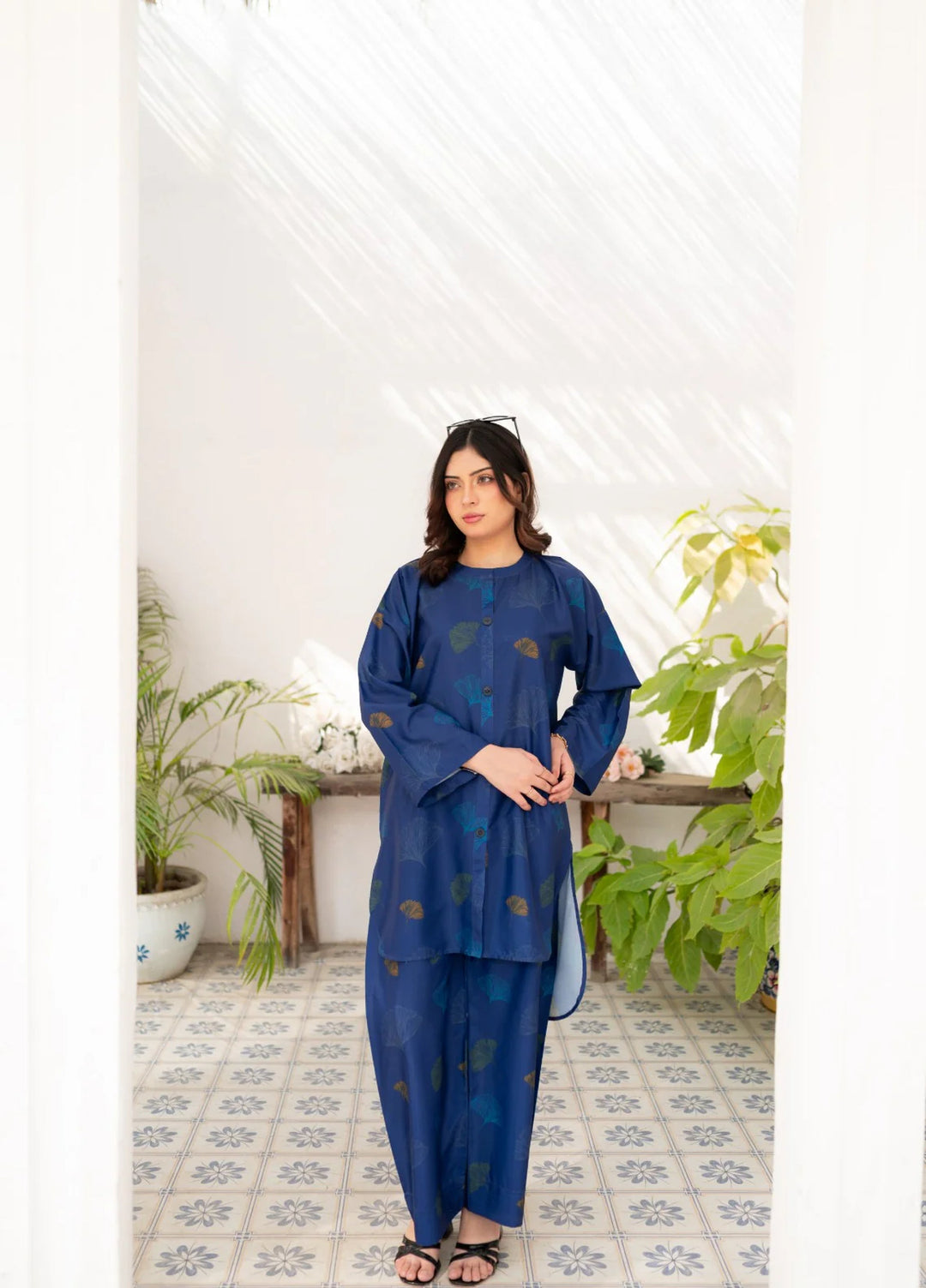 Zauk Women RTW Printed Wrinkle Free Crepe 2 Piece Suit ZK26RC Navy Blue Vector ZAU-NBV - Casual Collection