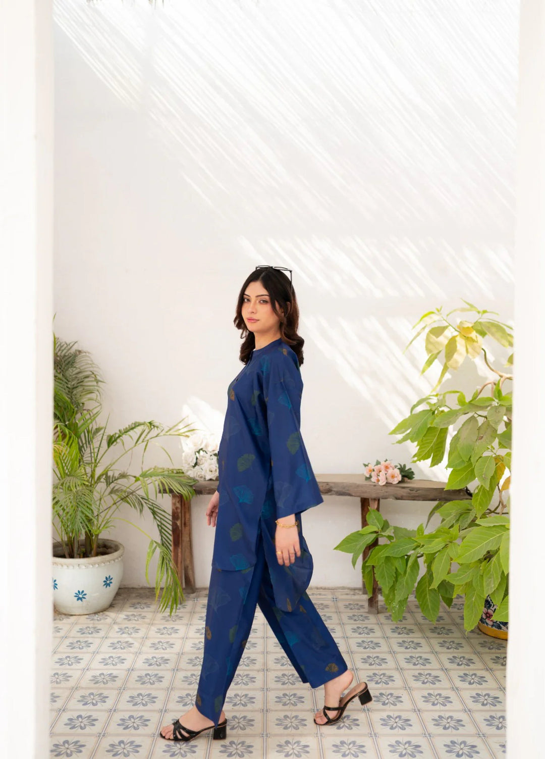 Zauk Women RTW Printed Wrinkle Free Crepe 2 Piece Suit ZK26RC Navy Blue Vector ZAU-NBV - Casual Collection