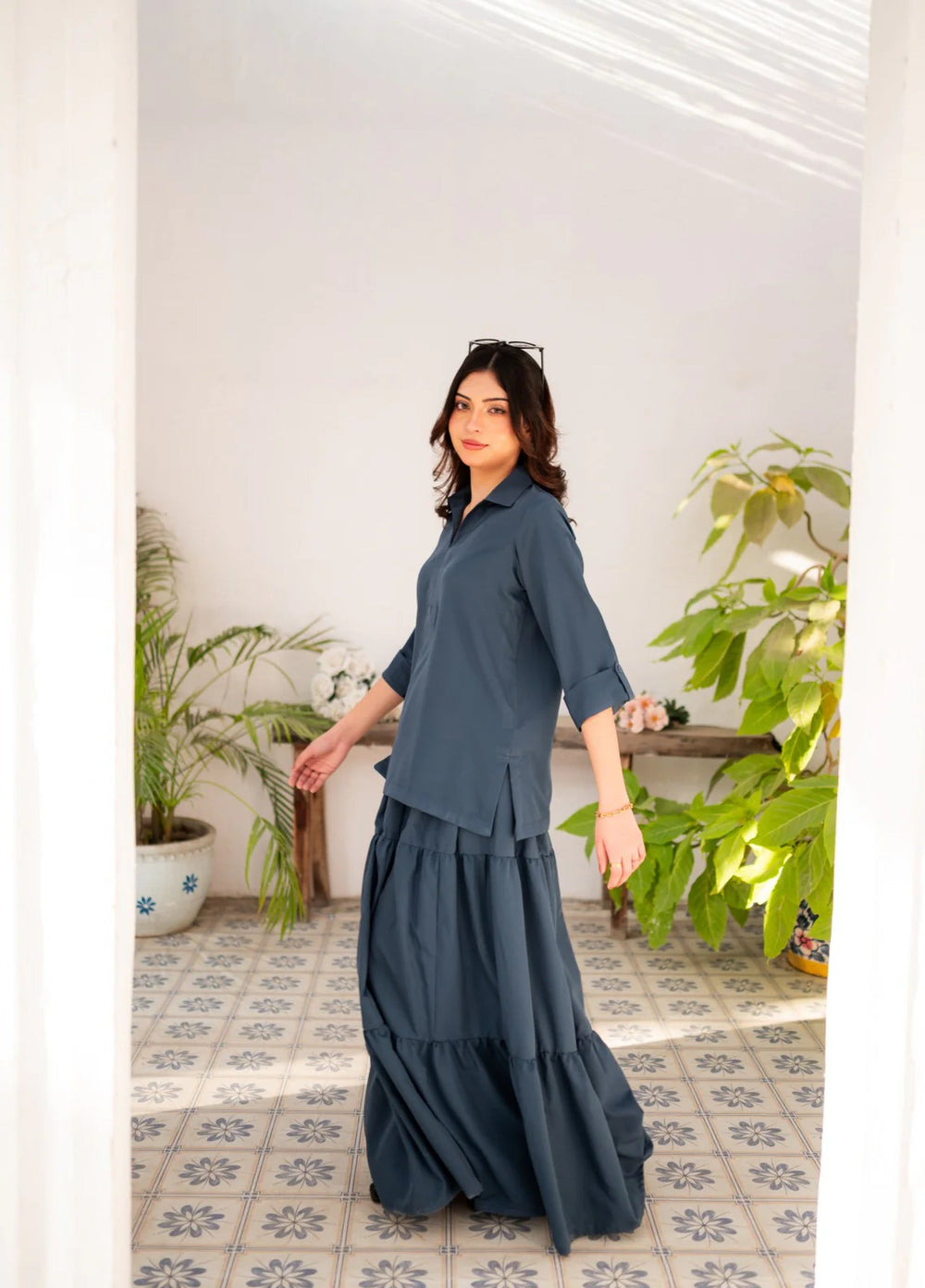 Zauk Women RTW Solids Poly Grip 2 Piece Suit ZK26RC Steel Blue Skirt and Shirt ZAU-SBSS - Casual Collection