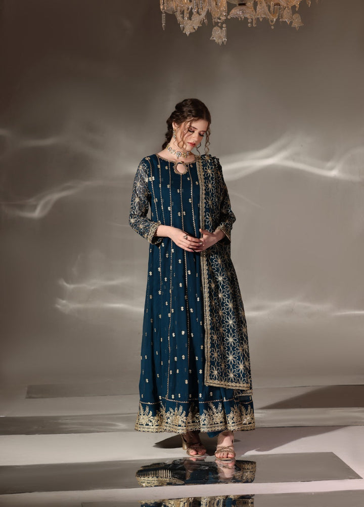 Unss Apparel Women Pret Embroidered Chiffon 3 Piece Suit Noor Peacock - Festive Collection