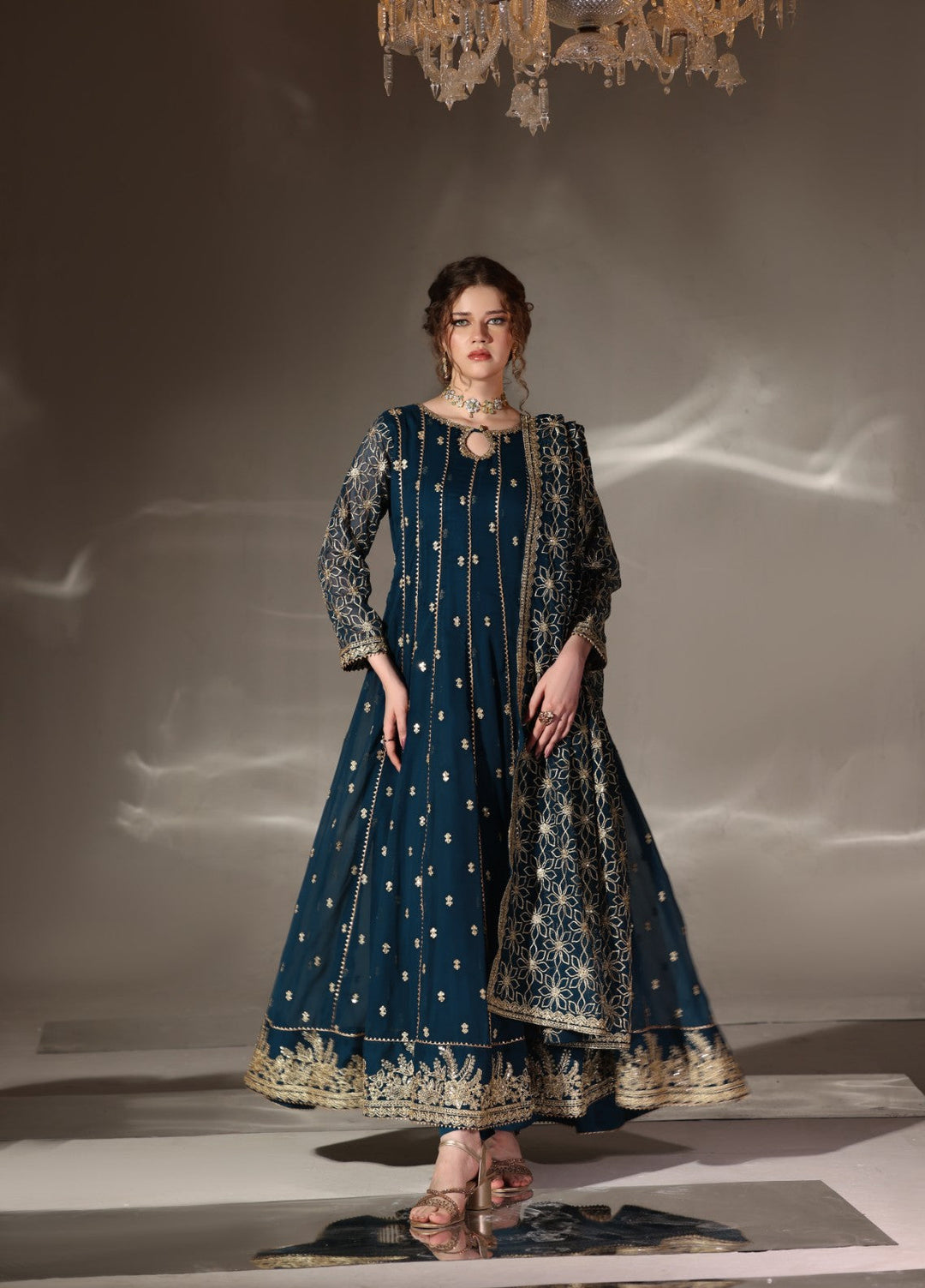 Unss Apparel Women Pret Embroidered Chiffon 3 Piece Suit Noor Peacock - Festive Collection