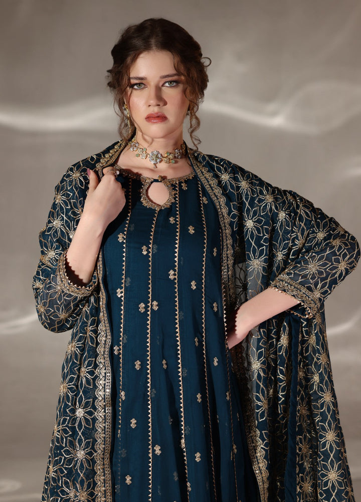 Unss Apparel Women Pret Embroidered Chiffon 3 Piece Suit Noor Peacock - Festive Collection
