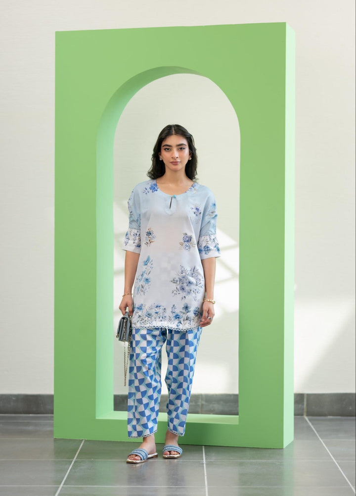 Eid Ki Misaal by Ayesha Somaya RTW Printed Lawn Silk 2 Piece Suit Cool Tide - Eid Collection