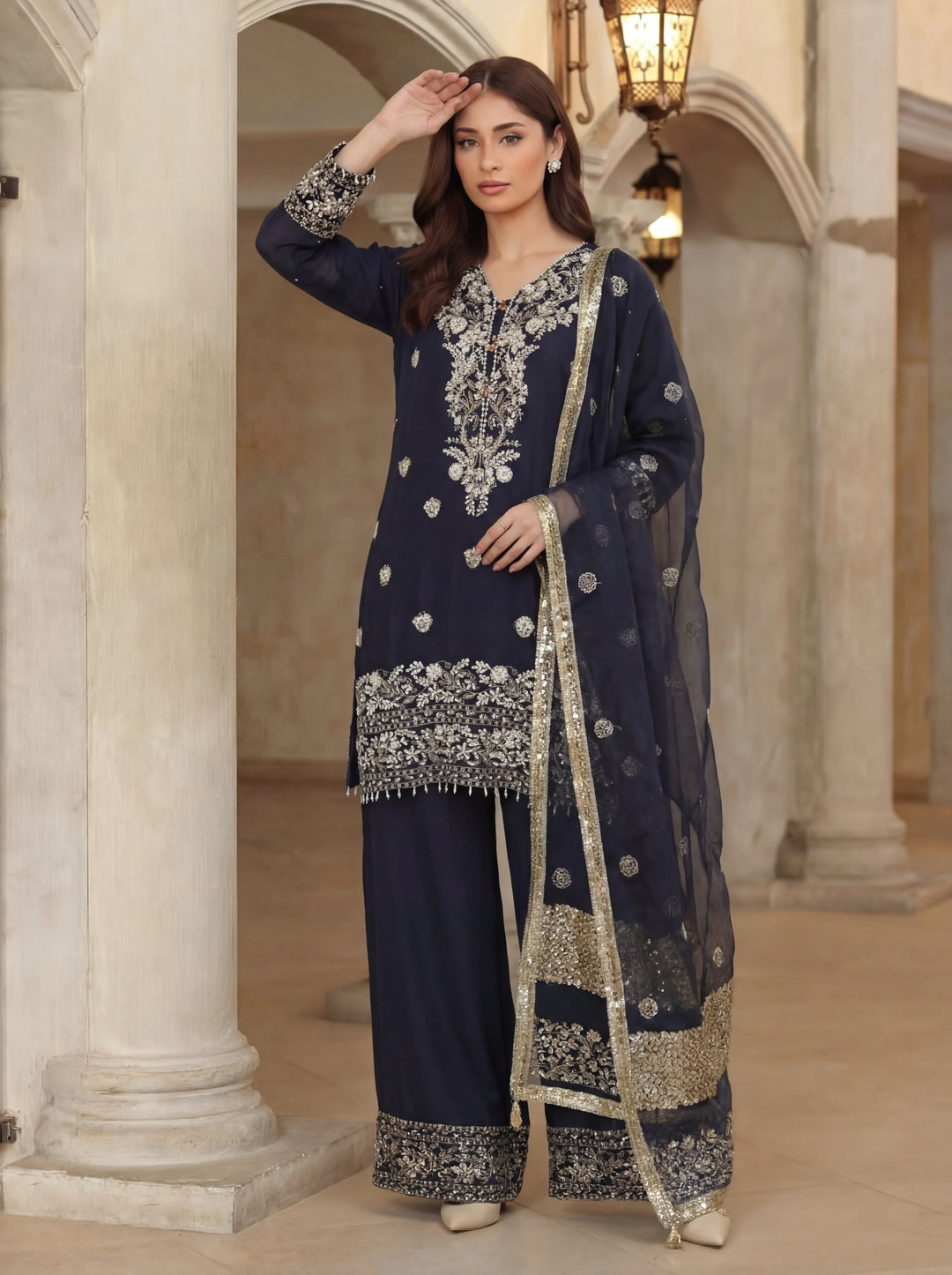 Ramz o Raaz by Ruby Suleiman Pret Hand work Raw Silk 3 Piece Suit Midnight Navey - Festive Collection