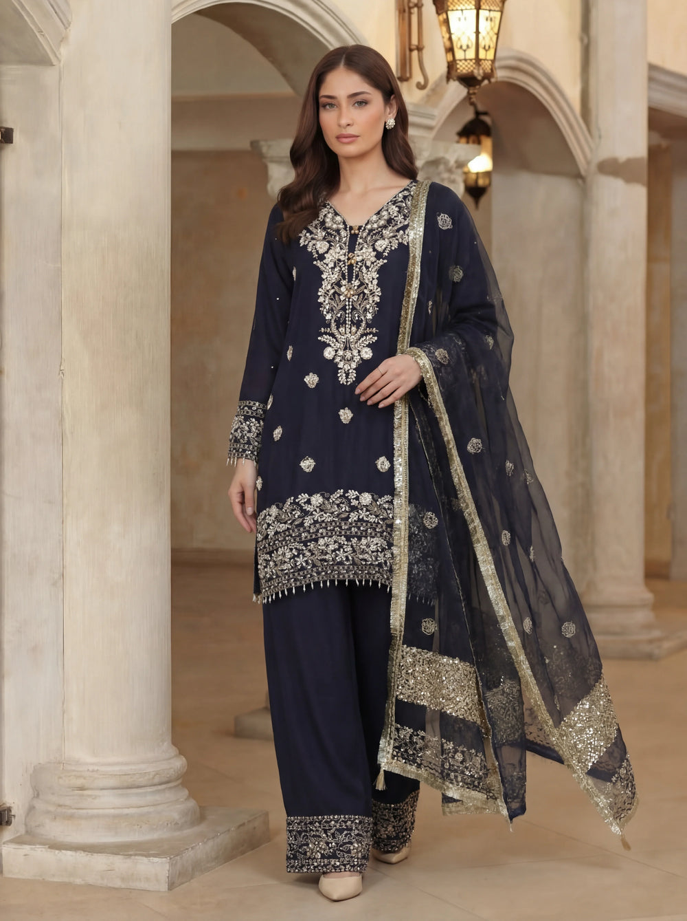 Ramz o Raaz by Ruby Suleiman Pret Hand work Raw Silk 3 Piece Suit Midnight Navey - Festive Collection