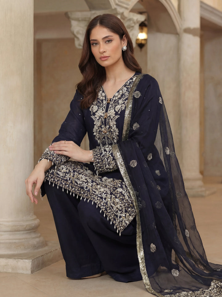Ramz o Raaz by Ruby Suleiman Pret Hand work Raw Silk 3 Piece Suit Midnight Navey - Festive Collection