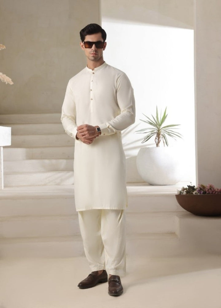 Bazm E Riwayat by Bin Musab Men Kurta Pajama Blended 2 Piece Butterscotch Cream - Festive Collection