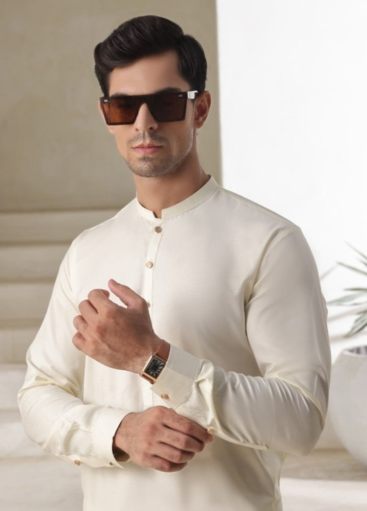Bazm E Riwayat by Bin Musab Men Kurta Pajama Blended 2 Piece Butterscotch Cream - Festive Collection
