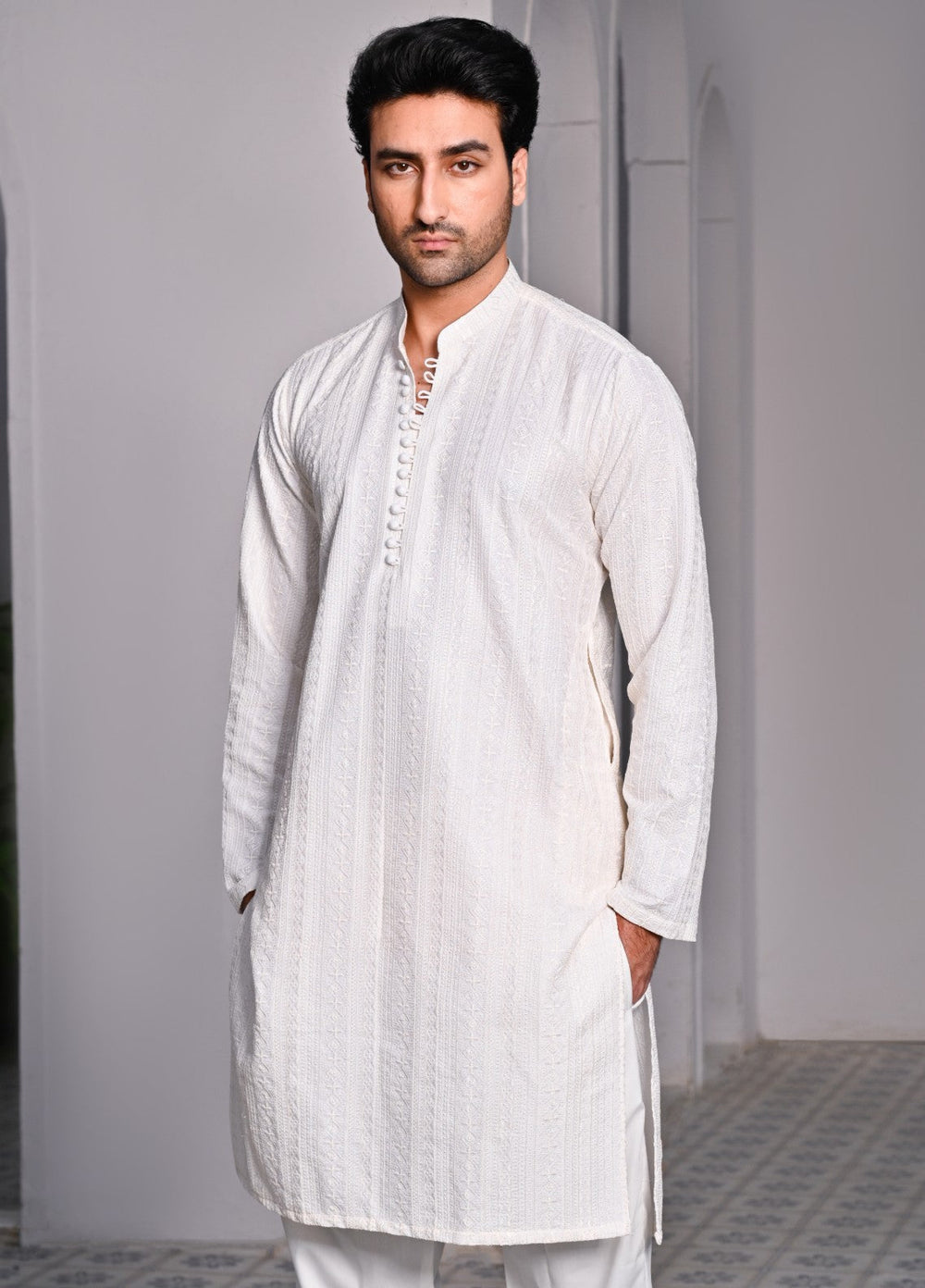 HK Fashion Mens RTW Embroidered 2 Piece Suit Off White Kurta Trouser - Wedding Collection