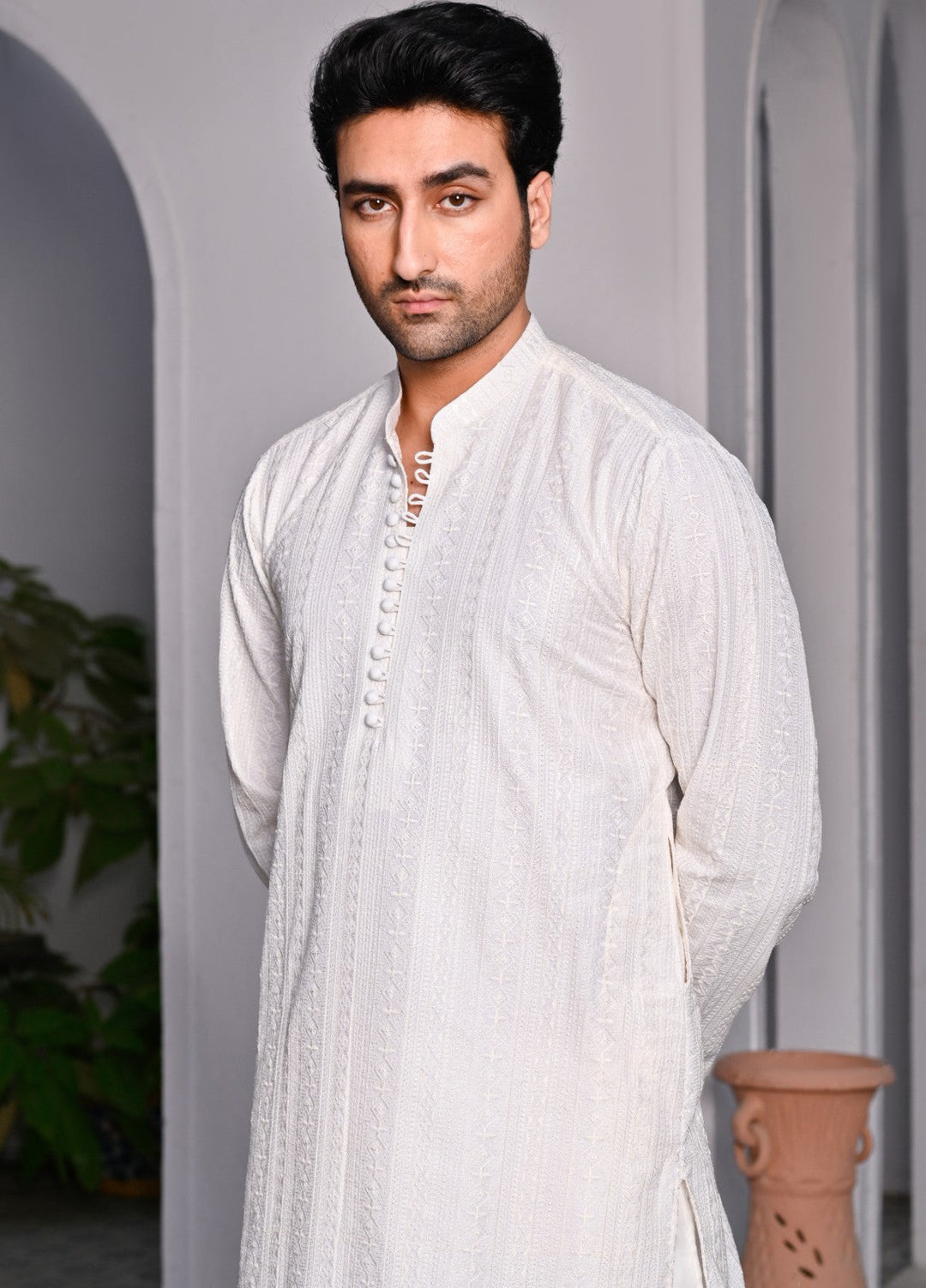 HK Fashion Mens RTW Embroidered 2 Piece Suit Off White Kurta Trouser - Wedding Collection