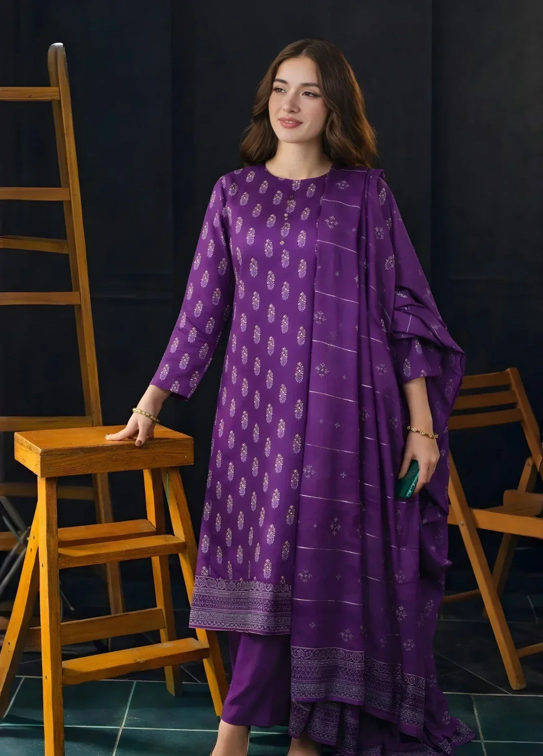 Ayla Studio RTW Printed Premium Lawn Jacquard 3 Piece Zafaran Baft - Eid Collection