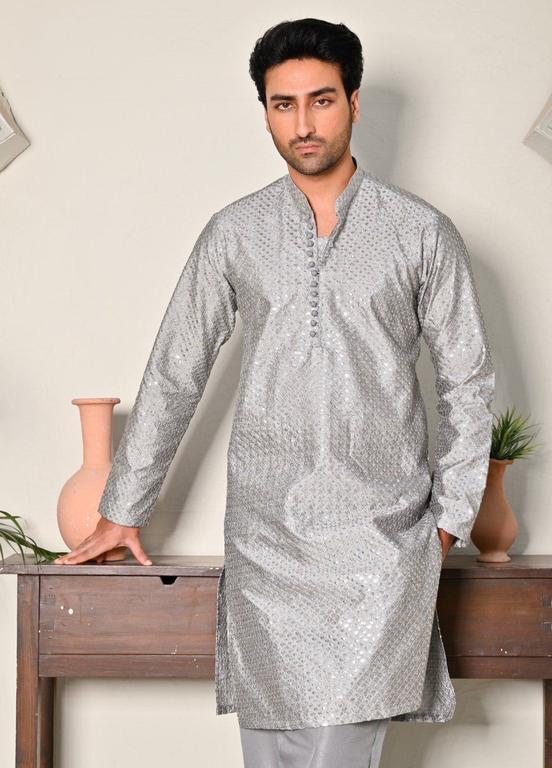 HK Fashion Mens RTW Embroidered 2 Piece Suit Grey Sequin Kurta Trouser - Wedding Collection