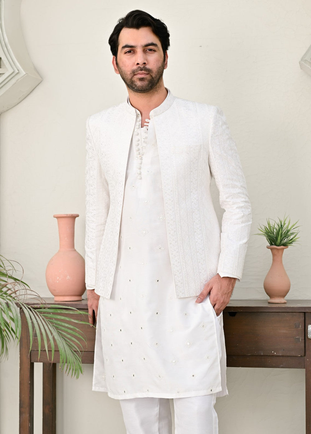 HK Fashion Mens RTW Embroidered 1 Piece Suit Off White Prince coat - Wedding Collection