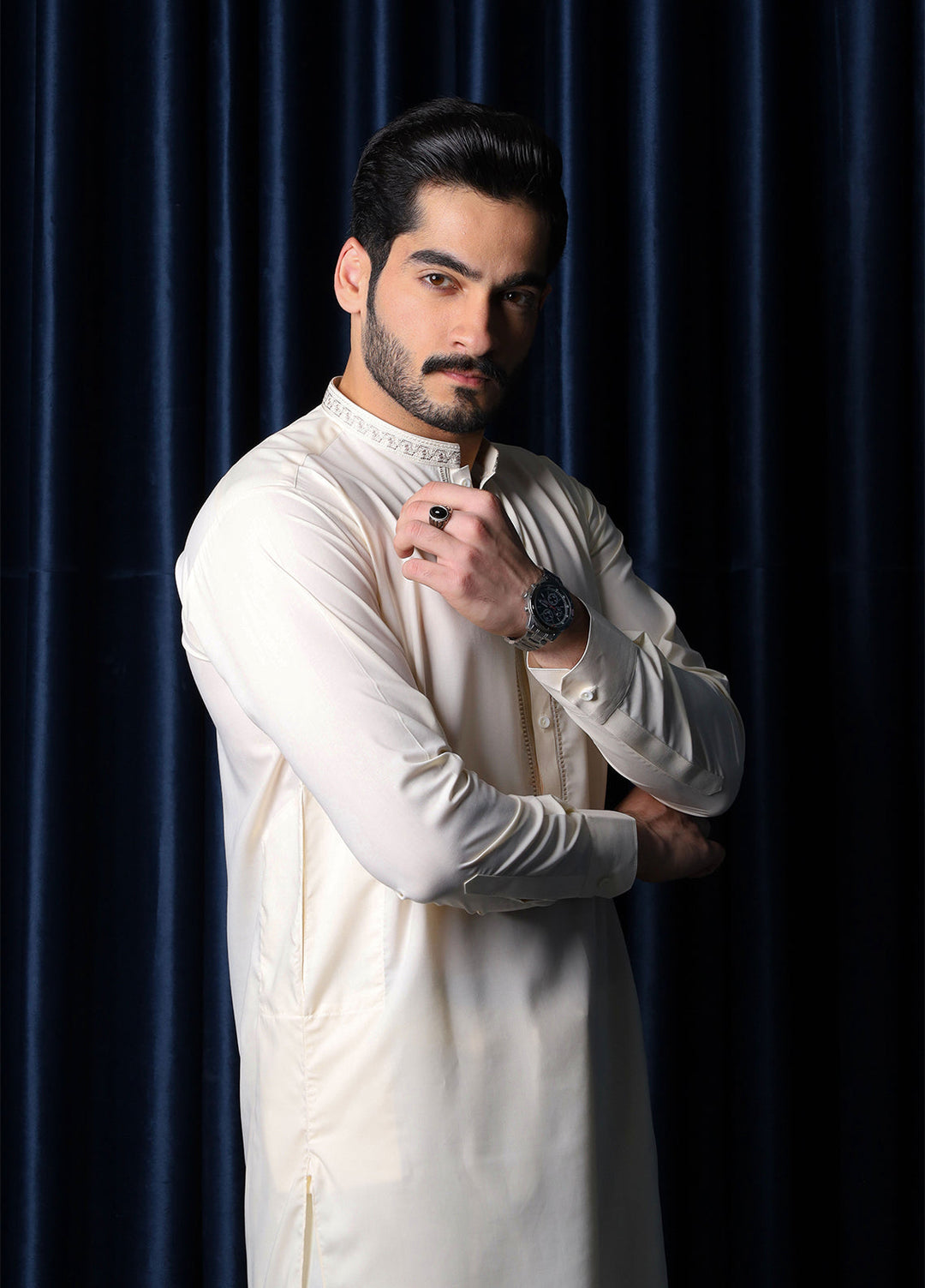 Mazham Mens Collar Neck RTW Embroidered Blended Kameez Shalwar Bosky - Summer Collection