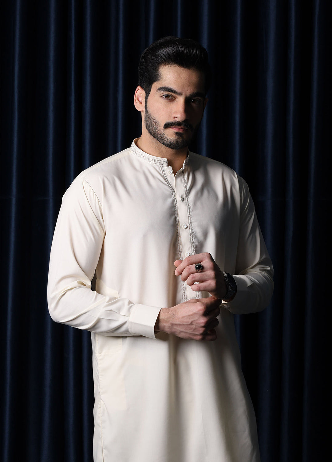 Mazham Mens Collar Neck RTW Embroidered Blended Kameez Shalwar Bosky - Summer Collection