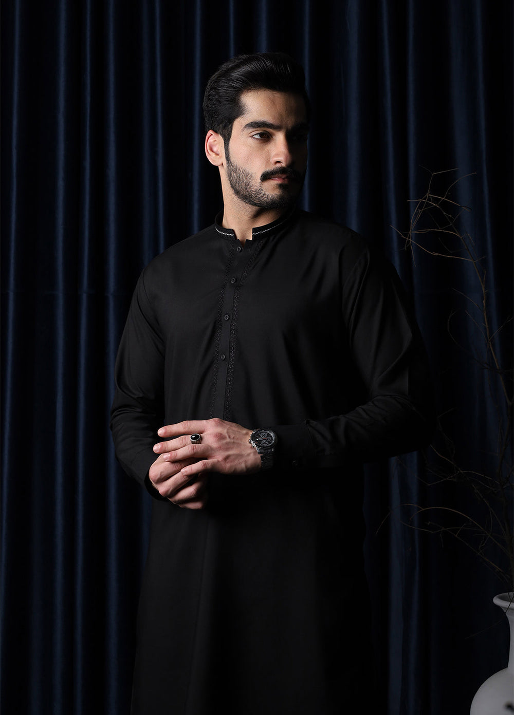 Mazham Mens Collar Neck RTW Embroidered Blended Kameez Shalwar Black - Summer Collection