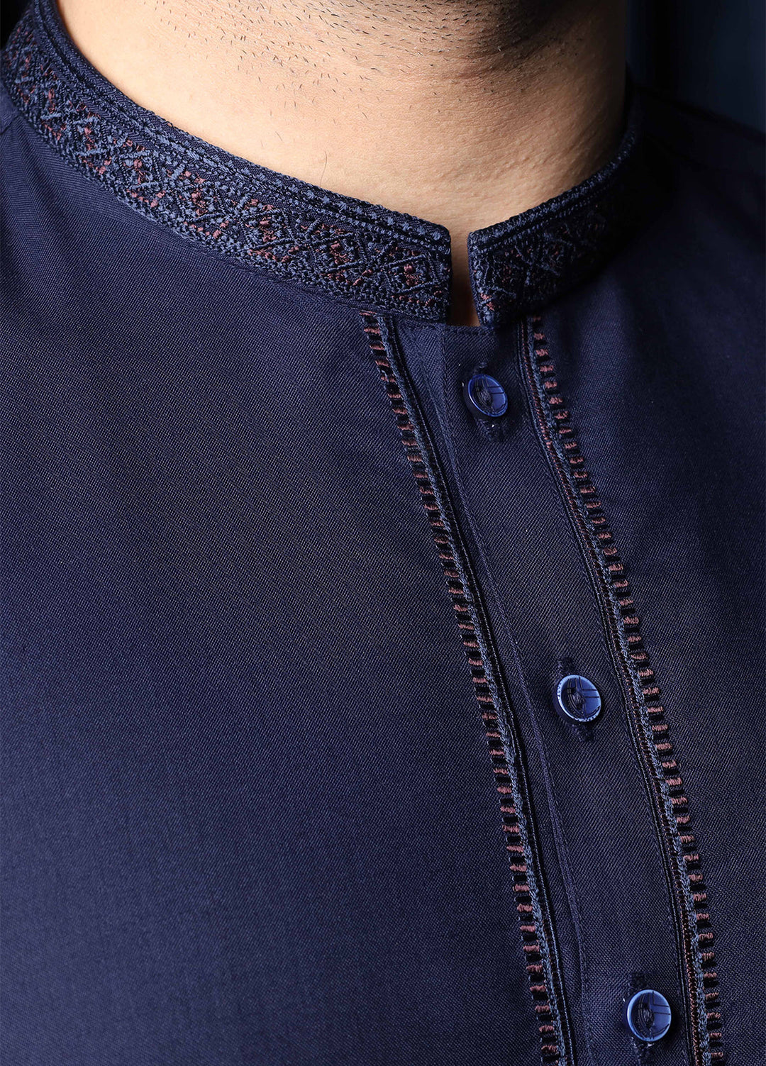 Mazham Mens Collar Neck RTW Embroidered Blended Kameez Shalwar Navy Blue - Summer Collection