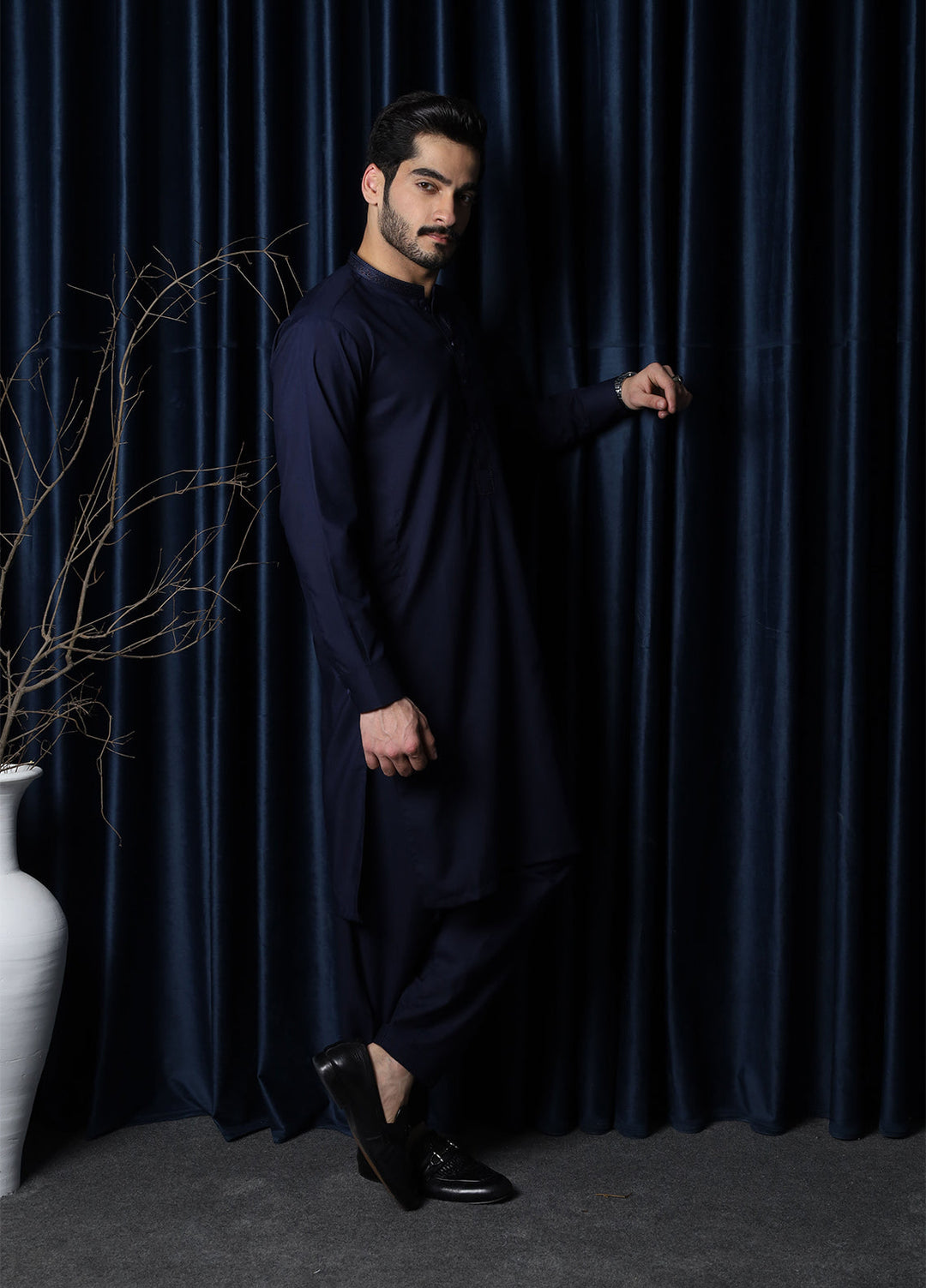 Mazham Mens Collar Neck RTW Embroidered Blended Kameez Shalwar Navy Blue - Summer Collection
