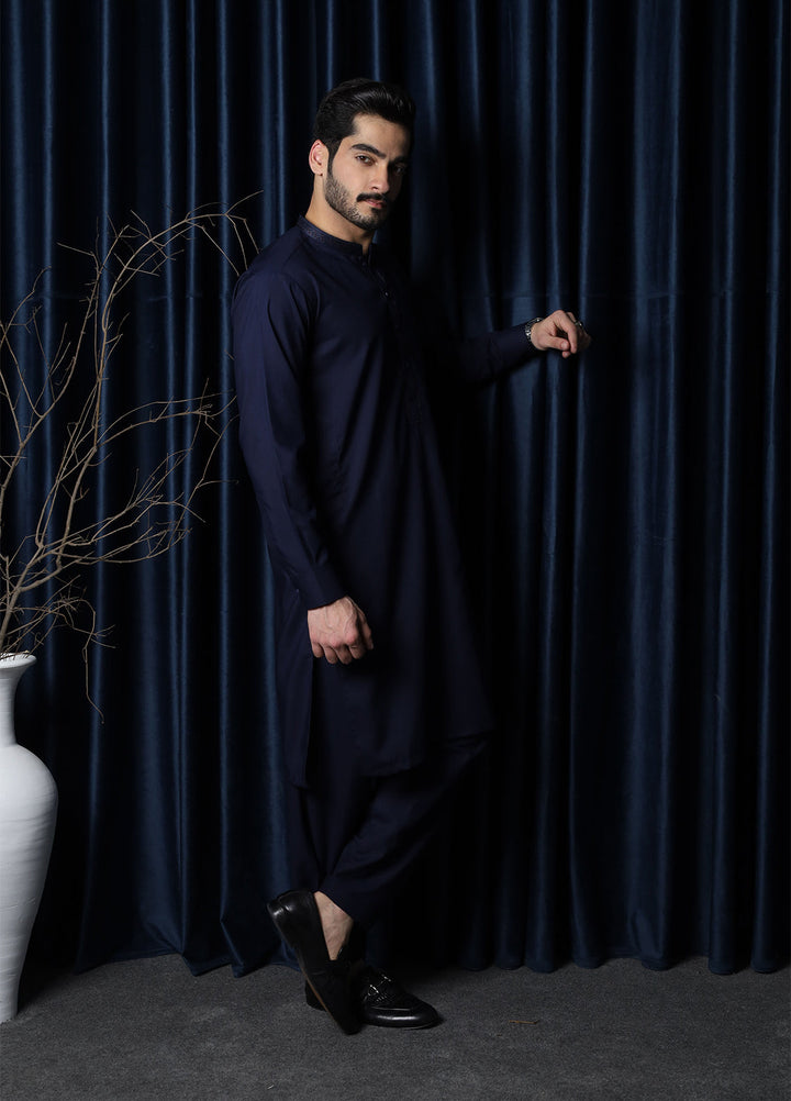 Mazham Mens Collar Neck RTW Embroidered Blended Kameez Shalwar Navy Blue - Summer Collection