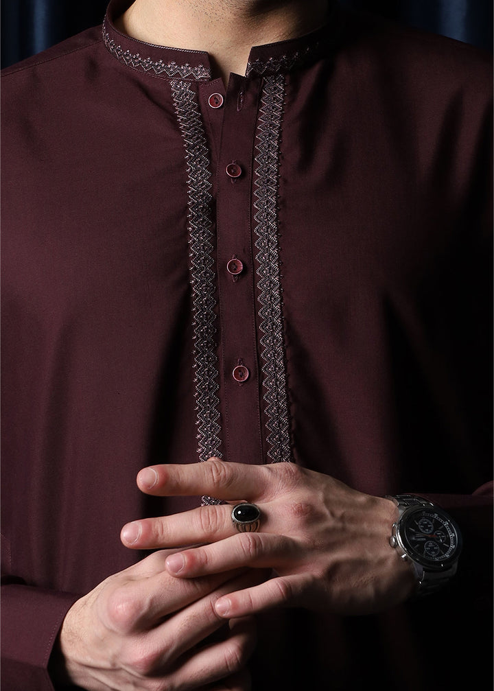 Mazham Mens Collar Neck RTW Embroidered Blended Kameez Shalwar Dark Marron - Summer Collection