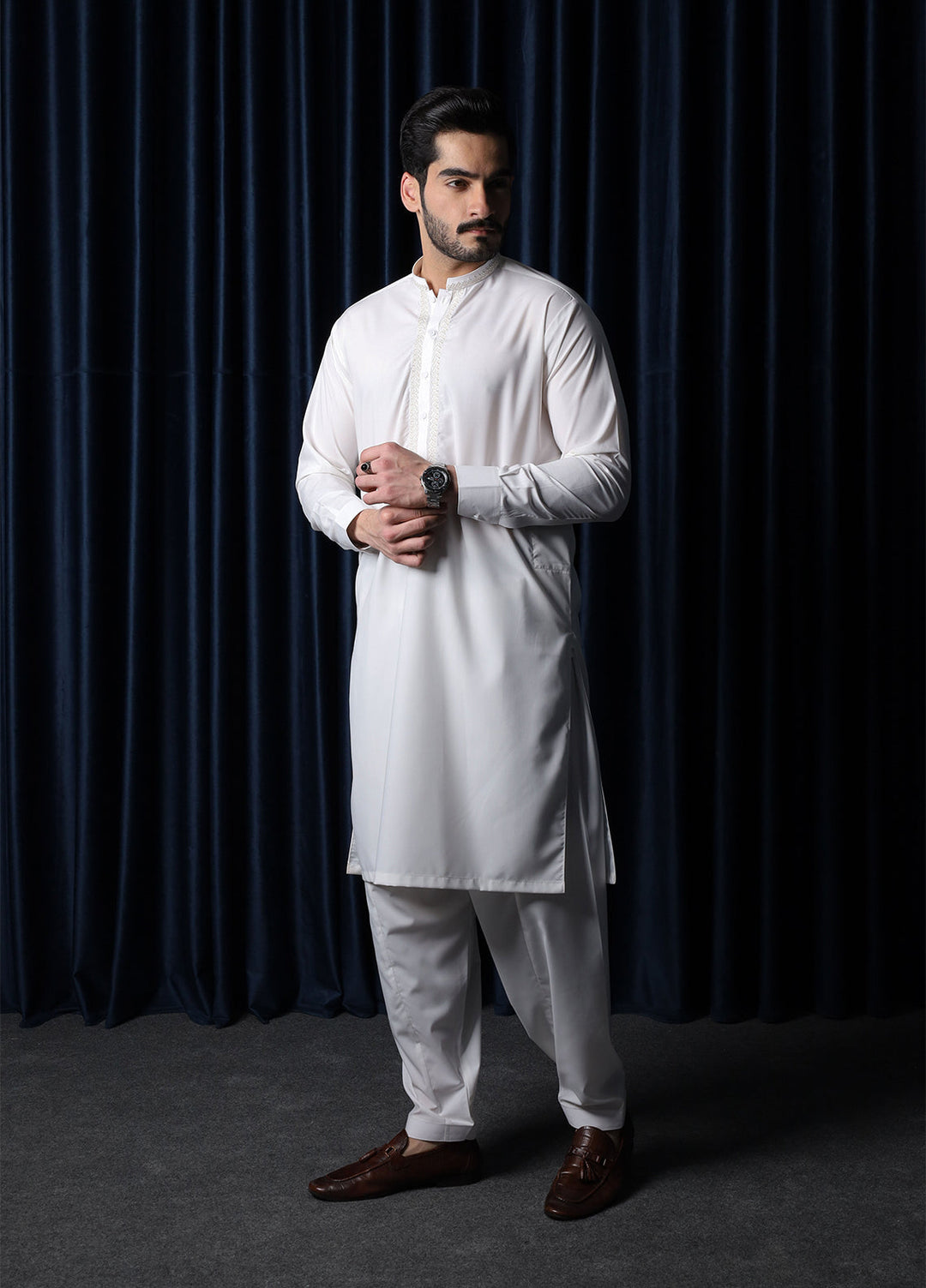 Mazham Mens Collar Neck RTW Embroidered Blended Kameez Shalwar Off White - Summer Collection