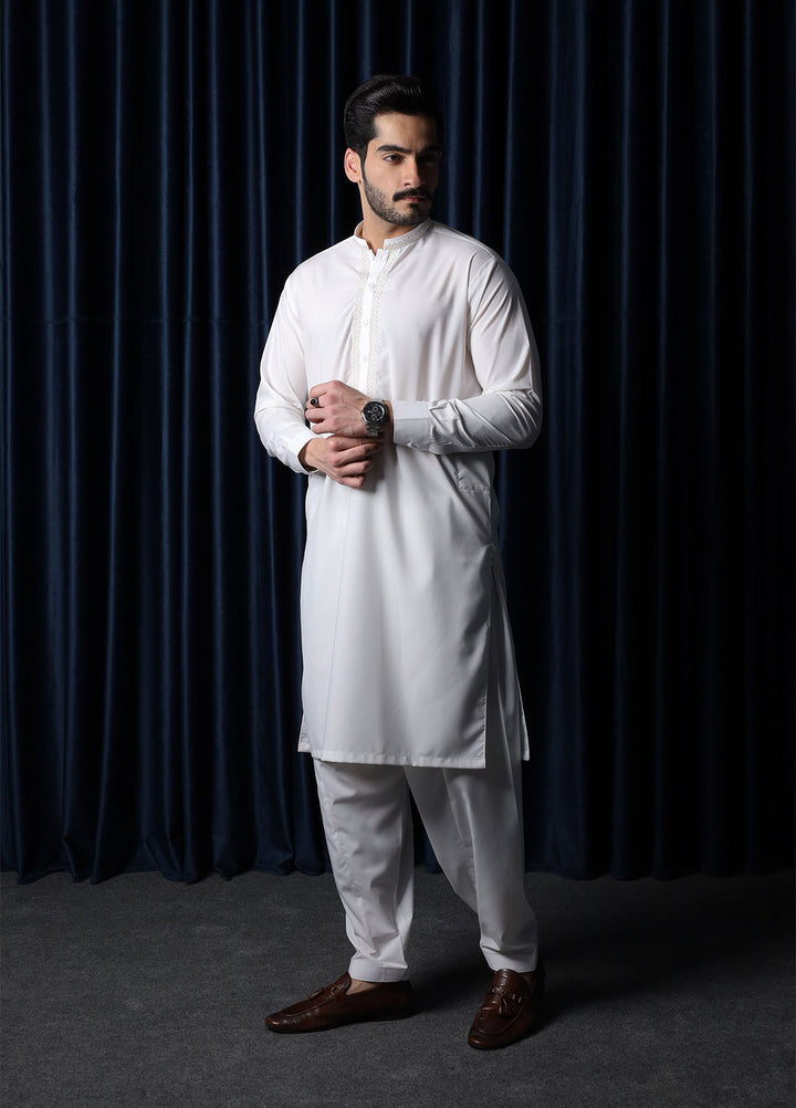 Mazham Mens Collar Neck RTW Embroidered Blended Kameez Shalwar Off White - Summer Collection
