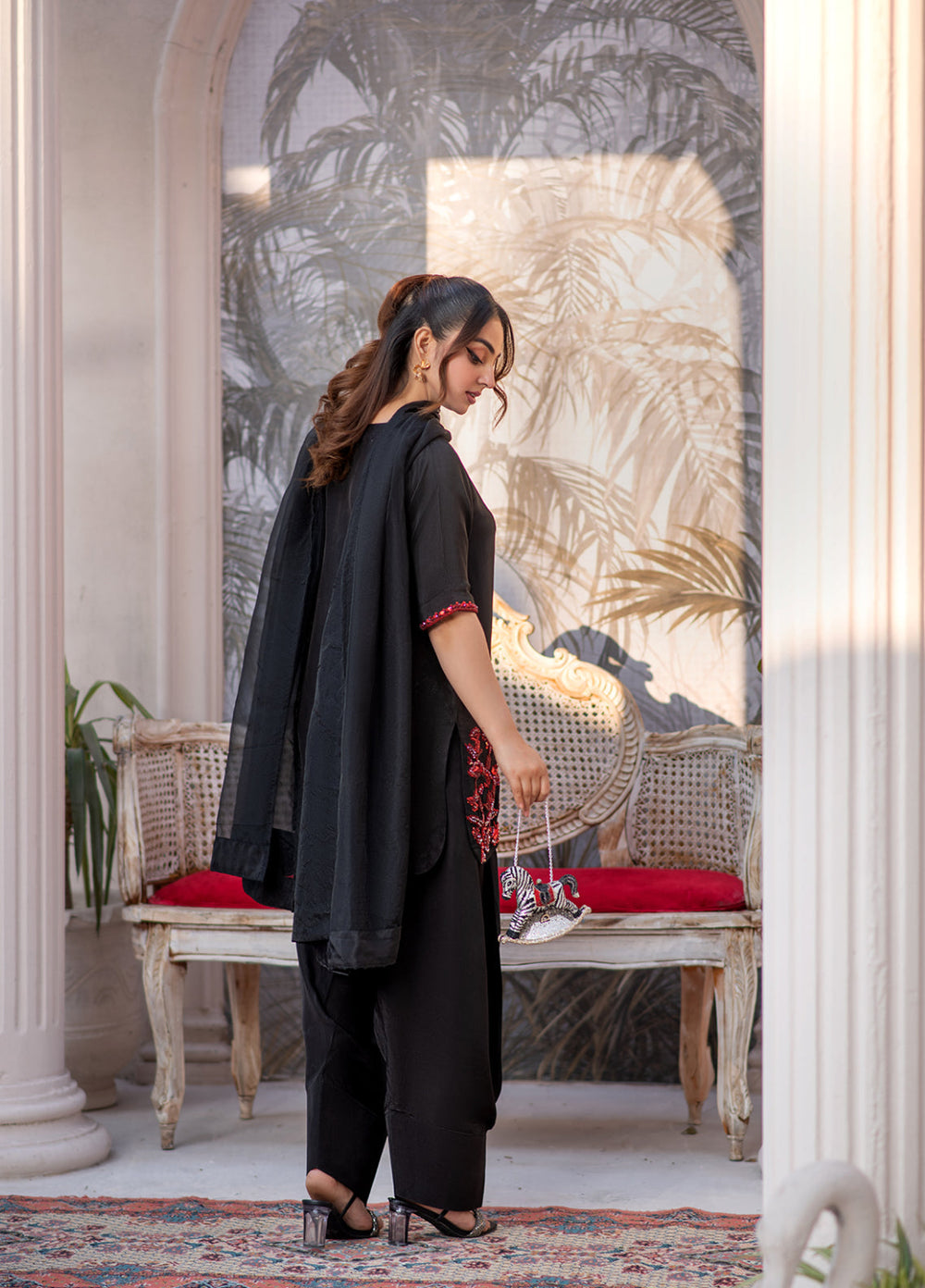 Lumi Luxury by Fajr Khan RTW Hand work Sheesha Silk 3 Piece Noir - Festive Collection