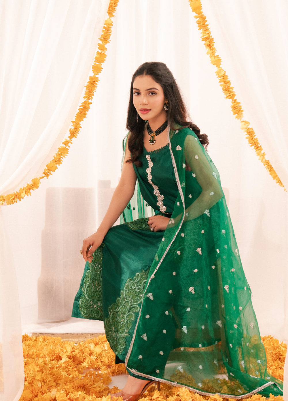 Maham Sultan Women RTW Embroidered Butter Silk 3 Piece Suit JADE - Eid Collection