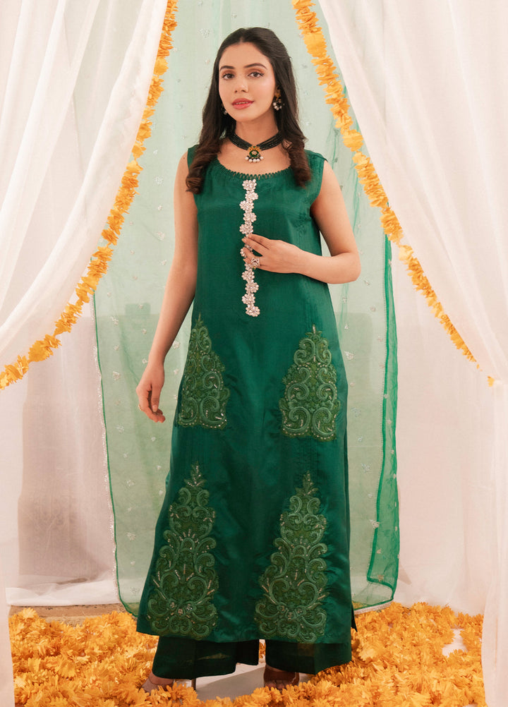 Maham Sultan Women RTW Embroidered Butter Silk 3 Piece Suit JADE - Eid Collection