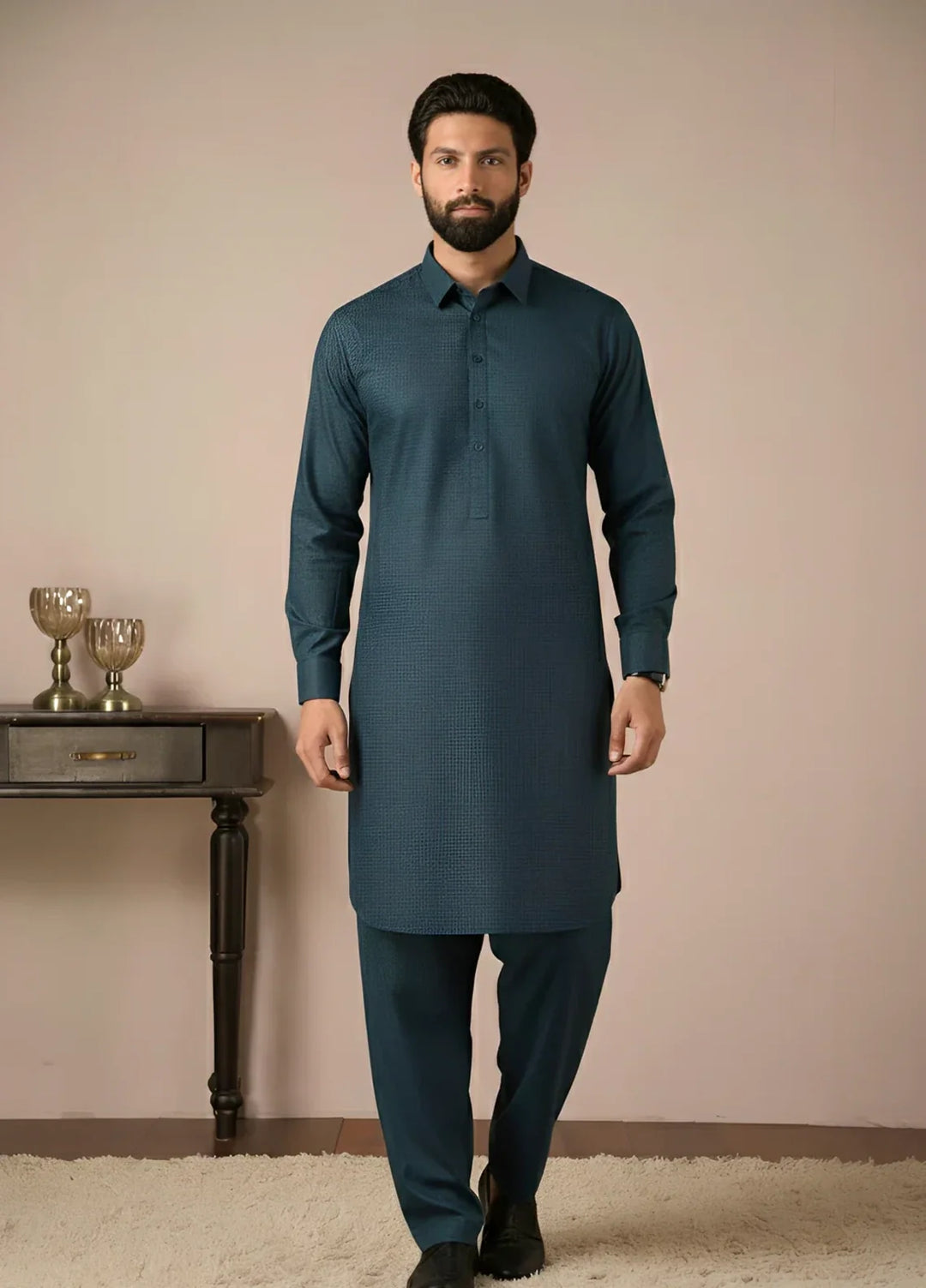 Gold Medal by Stitching Cotton Men RTW Solid Poly 2 Piece Suit Teal - Casual Collection