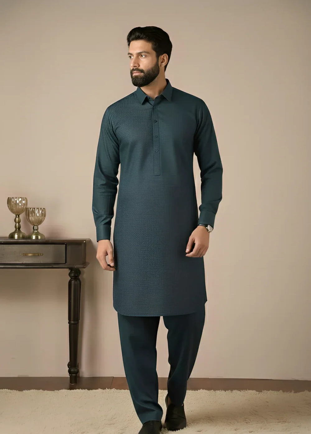 Gold Medal by Stitching Cotton Men RTW Solid Poly 2 Piece Suit Teal - Casual Collection