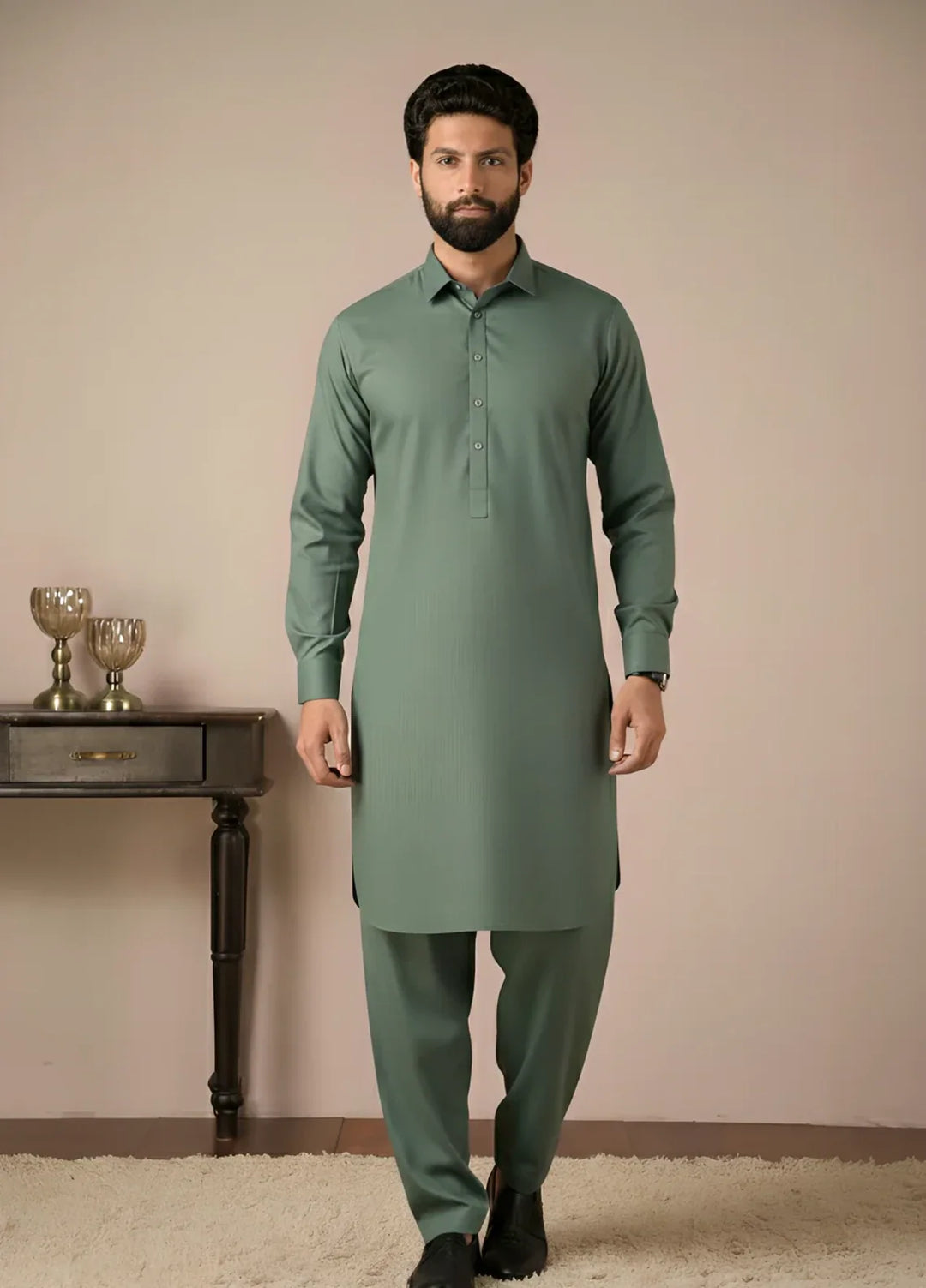 Gold Medal by Stitching Cotton Men RTW Solid Poly 2 Piece Suit Olive SMKS-134 - Casual Collection