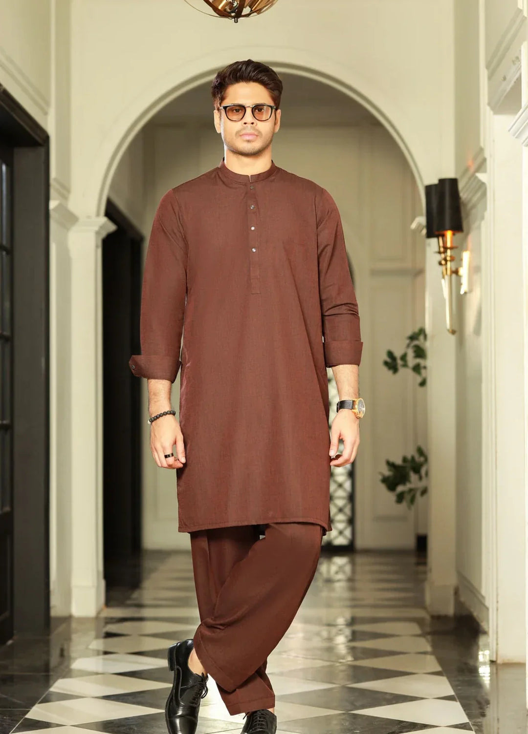 Stitching Cotton RTW Men Poly Kameez Shalwar Suit Vintage Dark Mahroon - Casual Collection
